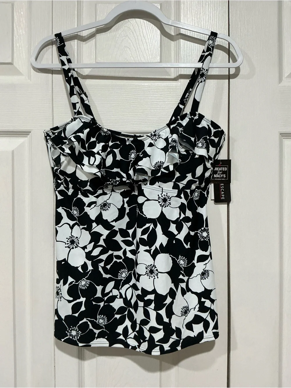💙 NWT Island Escape Black White Ruffle Tankini Top - 14 (01419)
